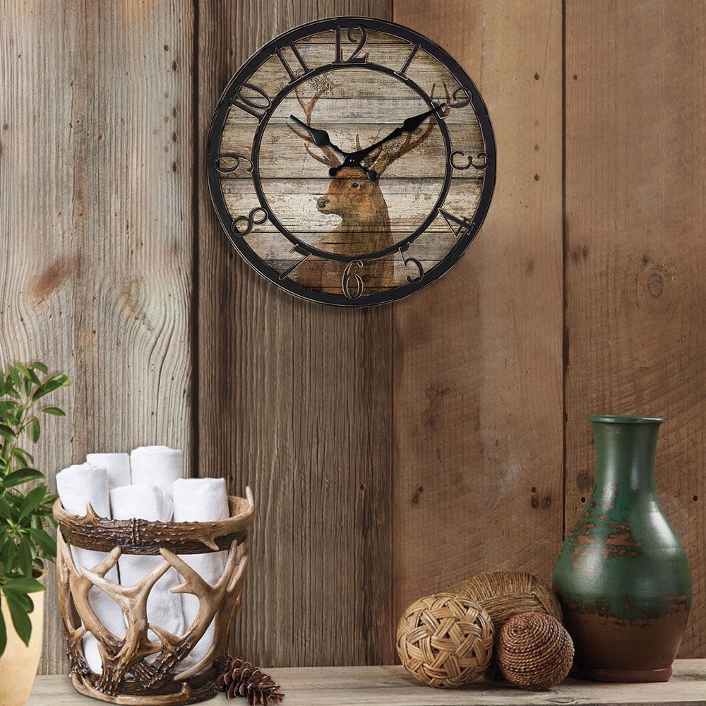 12" Vintage Deer Head Wood Wall Clocks With Slient Non-ticking Movement Operated by Battery