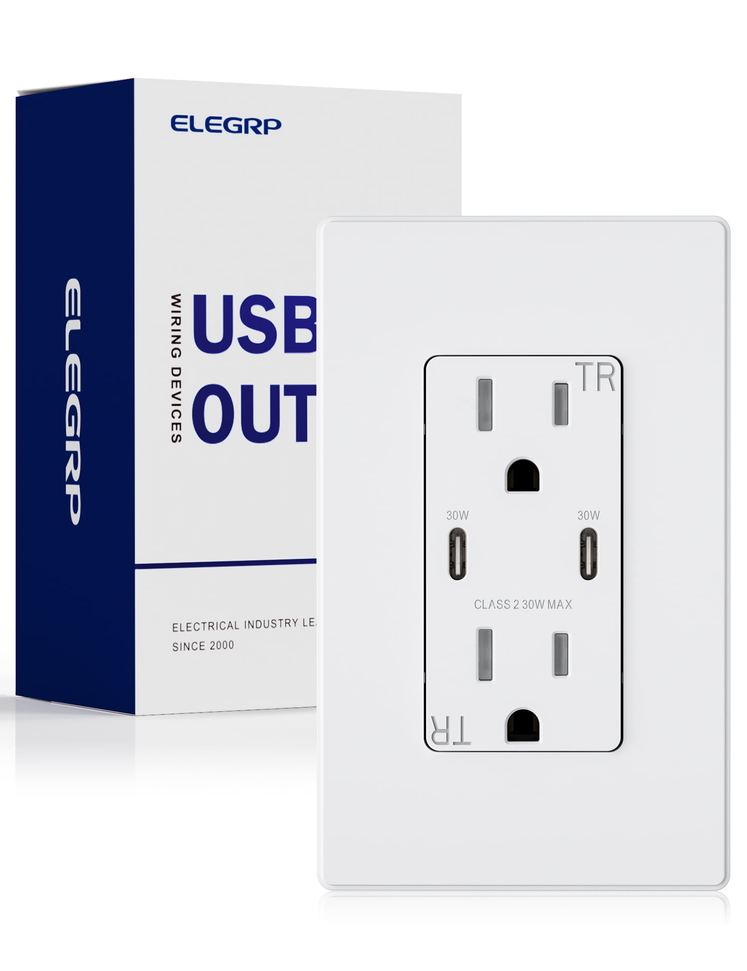 ELEGRP 30W USB Wall Outlet, Dual Type C for Power Delivery PD3.0 and Quick Charge, 15A USB