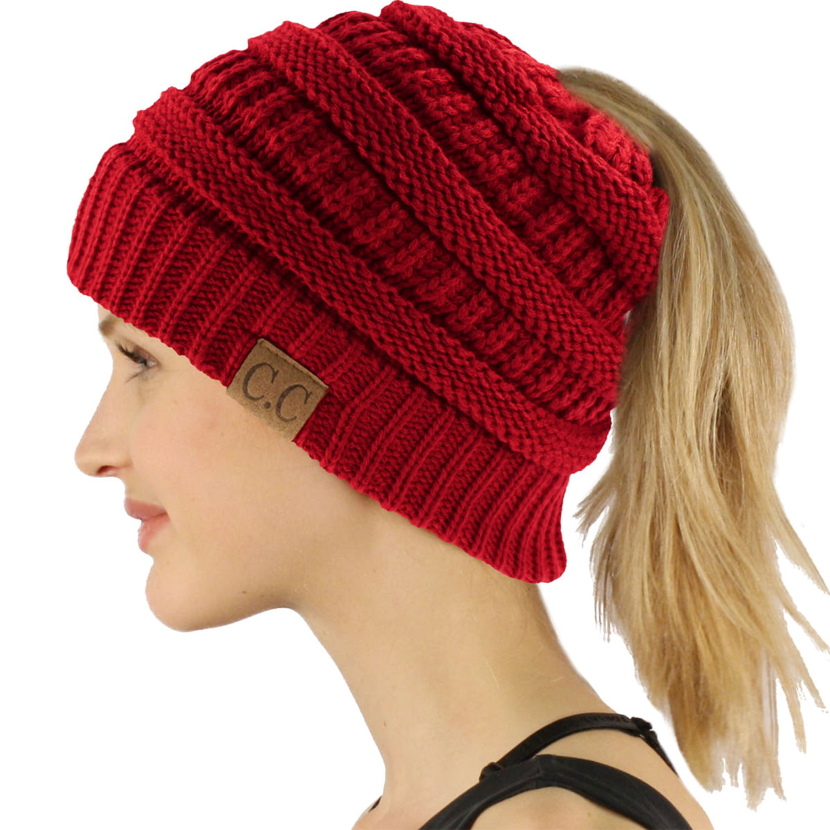 C.C Exclusives Soft Stretch Cable Knit Messy Bun Ponytail Beanie Winter Hat for Women MB-20A CCB-1 