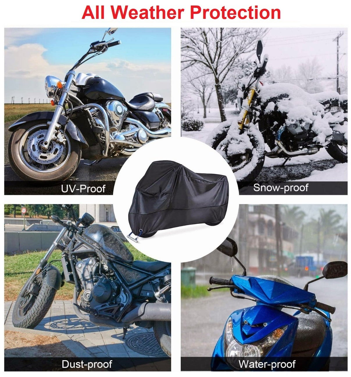 Motorcycle Cover Waterproof All Weather Universial Windproof UV Resistant Outdoor Protection with Lockholes, Black, L: 87x37x43 inch