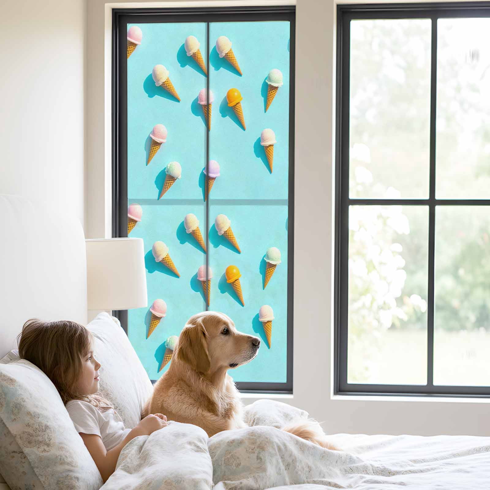 Blue Ice Cream Window Privacy Film, Summer Colorful Ice Cream Static Cling UV Sun Blocking Tint Film Heat Control Windows Films for Bedroom Bathroom, Window Stickers 23.6"x59"