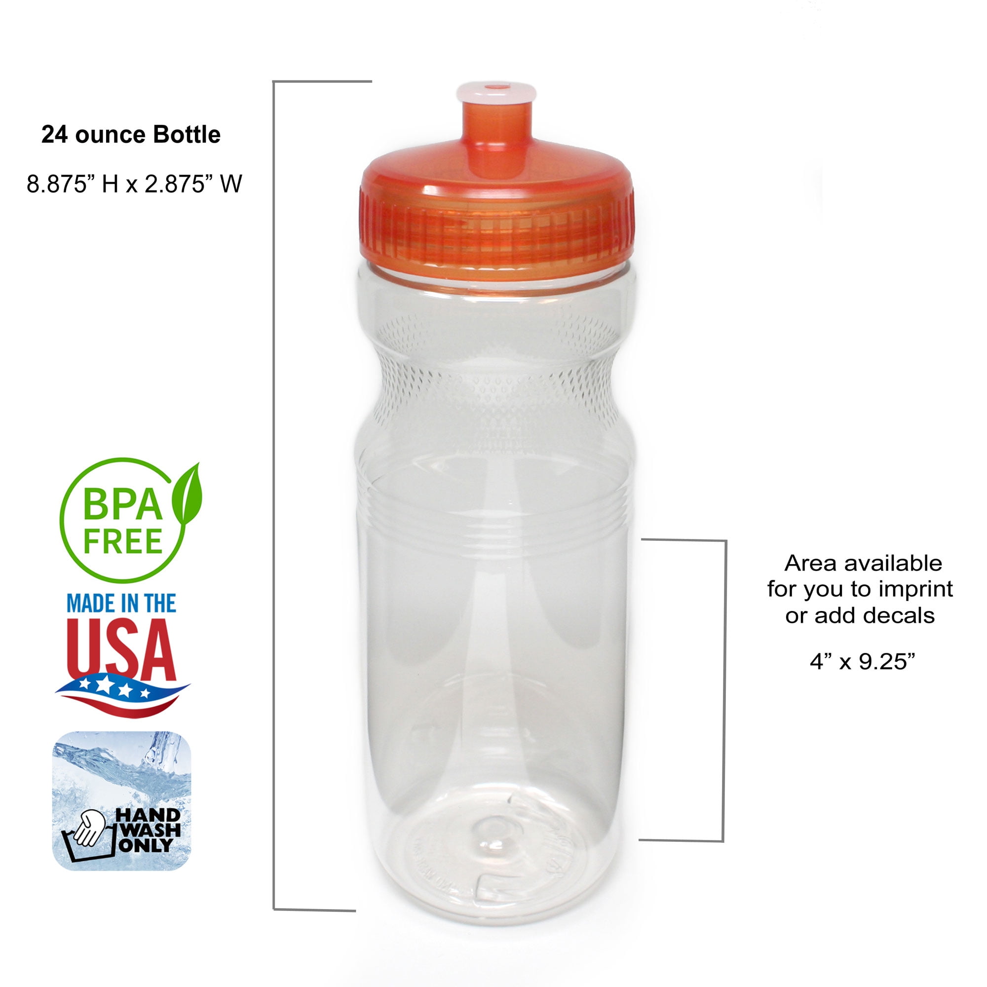 Rolling Sands BPA-Free 24 Fluid Ounce Clear/Orange Sports Water Bottles, Bulk 30 Pack, Made in USA