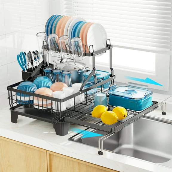 iSPECLE Large Dish Drying Rack - Extendable 2-in-1 Dish Racks for Kitchen Counter or Over Sink, 2 Tier Dish Drainer with Drainboard, Cups Holder and Utensil Holder, Black