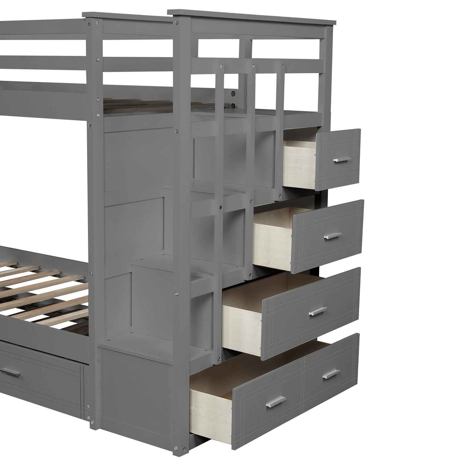 Kepooman Twin Over Twin Solid Wood Bunk Bed with Trundle & Staircase & Drawers for Bedroom, Gray Kepooman Twin Over Twin Solid Wood Bunk Bed with Trundle & Staircase & Drawers for Bedroom, Gray