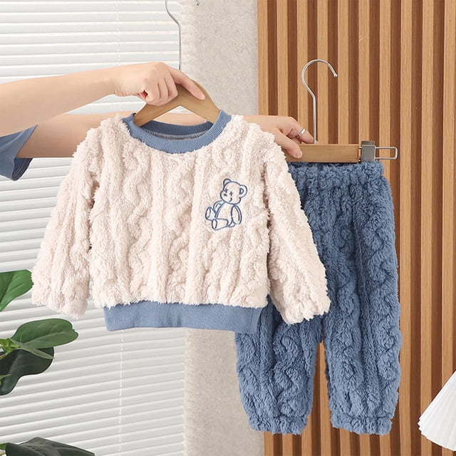 RXIRUCGD Children's Flannel Sleepwear Set Long Pants Thickened Home Clothes Set( White, Size:2 Years )