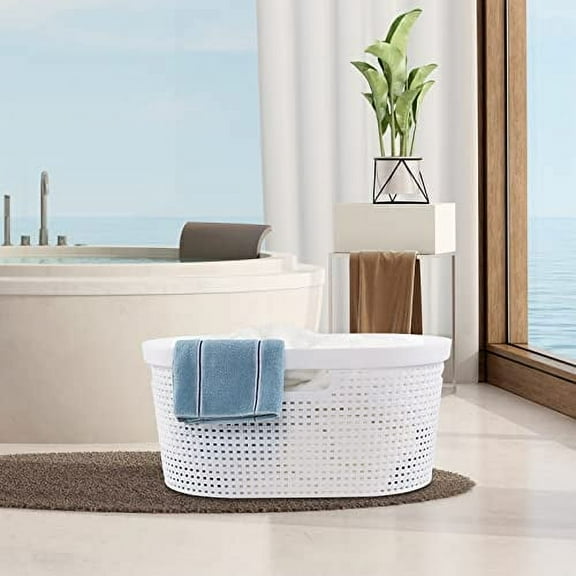 4 Pack Laundry Basket with Cutout Handle, White Plastic Laundry Hamper