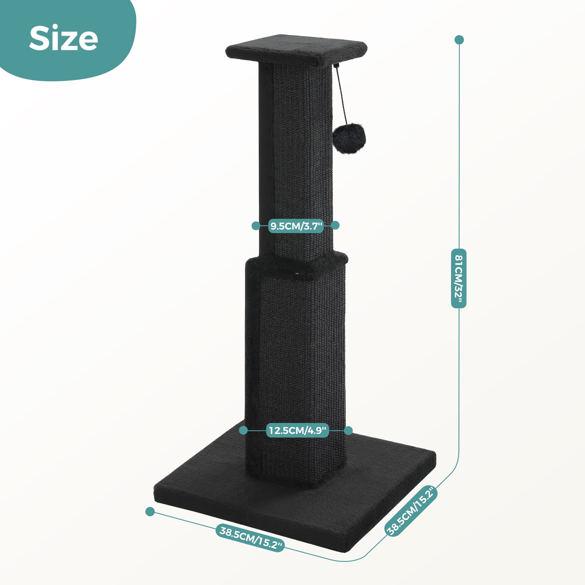 PAWZ Road 31" Natural Sisal Cat Scratching Post Indoor Cat Scratcher with Plush Large Base, Black