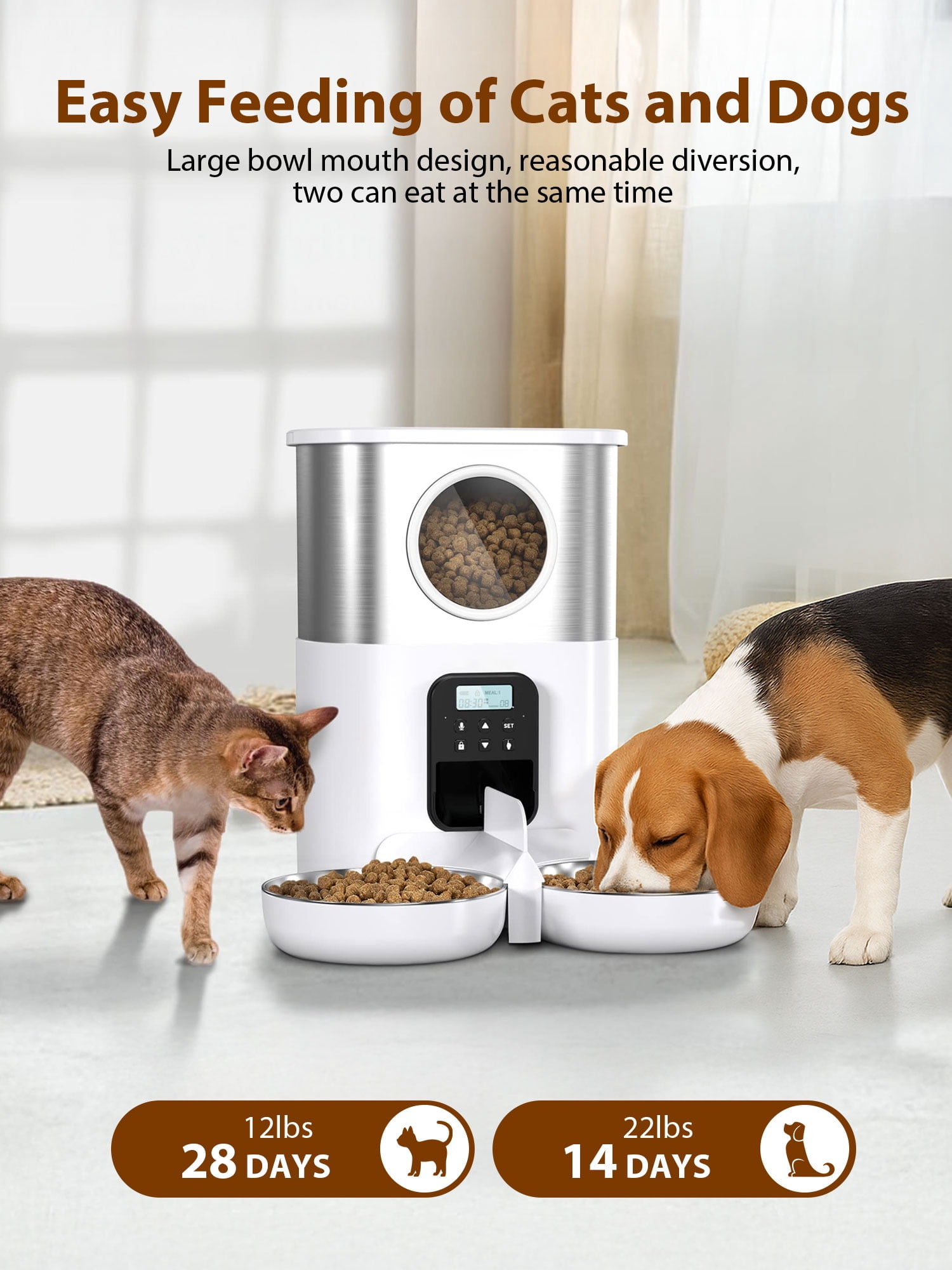 FURCLAN  Automatic Cat Feeder for 2 Cats, 5L Cat Automatic Feeder with Timer, Voice Function and 2 Stainless Steel Bowls for Cats and Small Pets, White