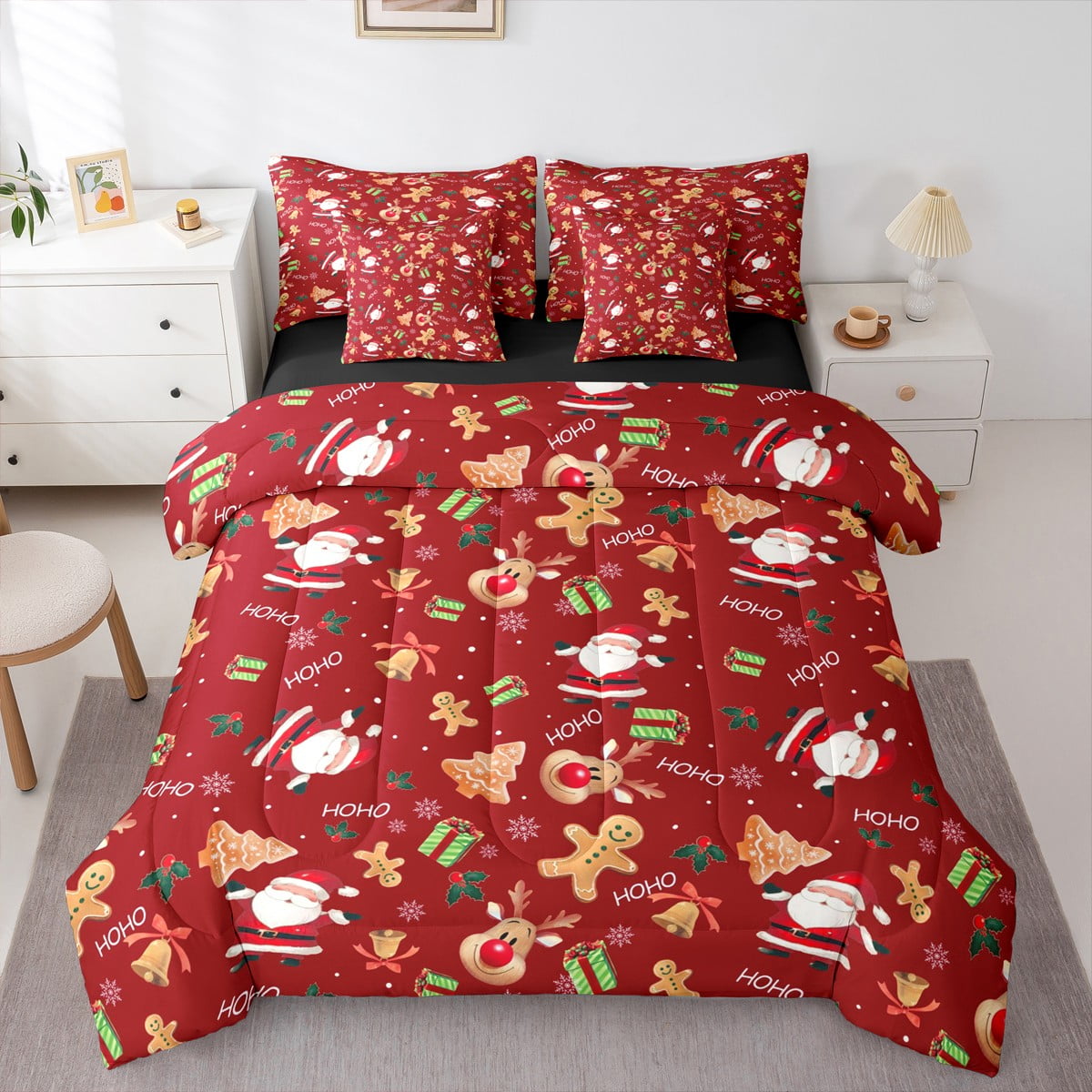 Feelyou Kawaii Santa Claus Kid Bedding Comforter Set 7pcs Christmas Deer Gift Queen Bedding Sets Winter Festival Reversible Queen Sheet Sets Microfiber Bedroom Decor