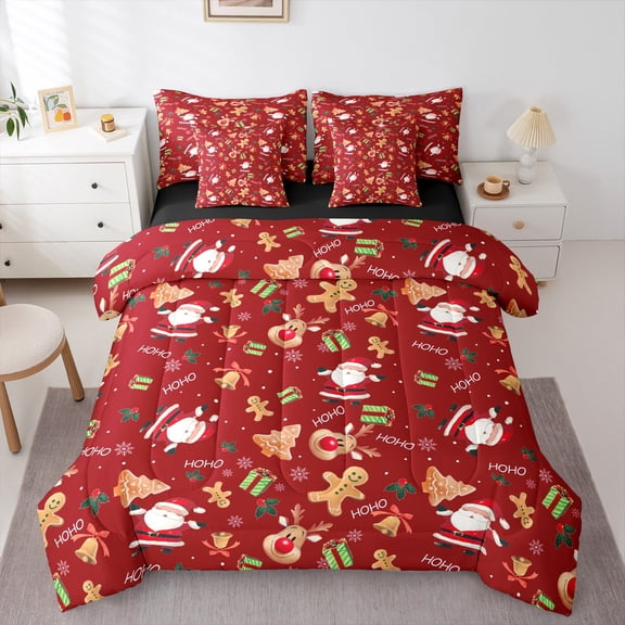 Feelyou Kawaii Santa Claus Kid Bedding Comforter Set 7 Pieces, Christmas Deer Gift Full Bedding Set, Winter Festival Reversible Fitted Sheet Flat Sheet, Microfiber Bedroom Decor