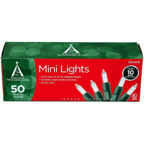 50-Count Clear Christmas String Lights on Green Wire - Connectable Indoor Light Set with Spare Bulbs & Fuse
