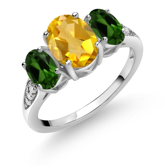 Gem Stone King 10K White Gold Yellow Citrine Green Chrome Diopside and White Lab Grown Diamond 3 Stone Engagement Ring for Women (2.44 Cttw, Gemstone Birthstone, Size 5)
