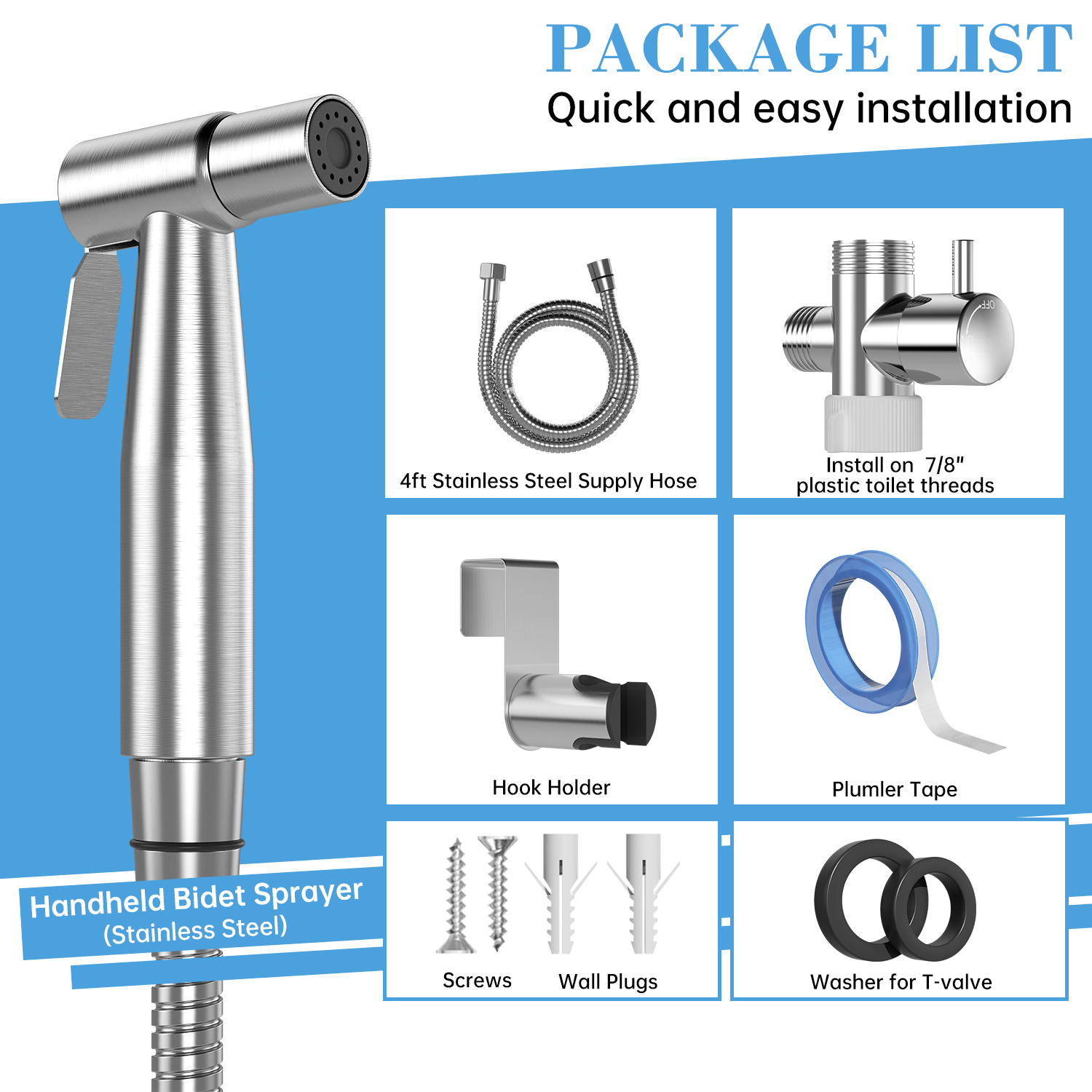 Stainless Steel Toilet Bidet Sprayer Kit - Diaper Shower Handheld With T-Adapter Hose
