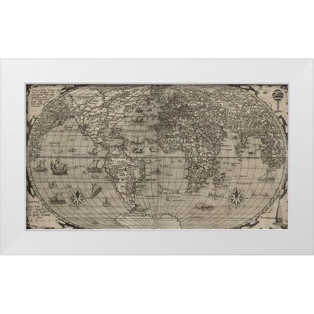 Vintage Maps 24x15 White Modern Wood Framed Museum Art Print Titled - World 1568