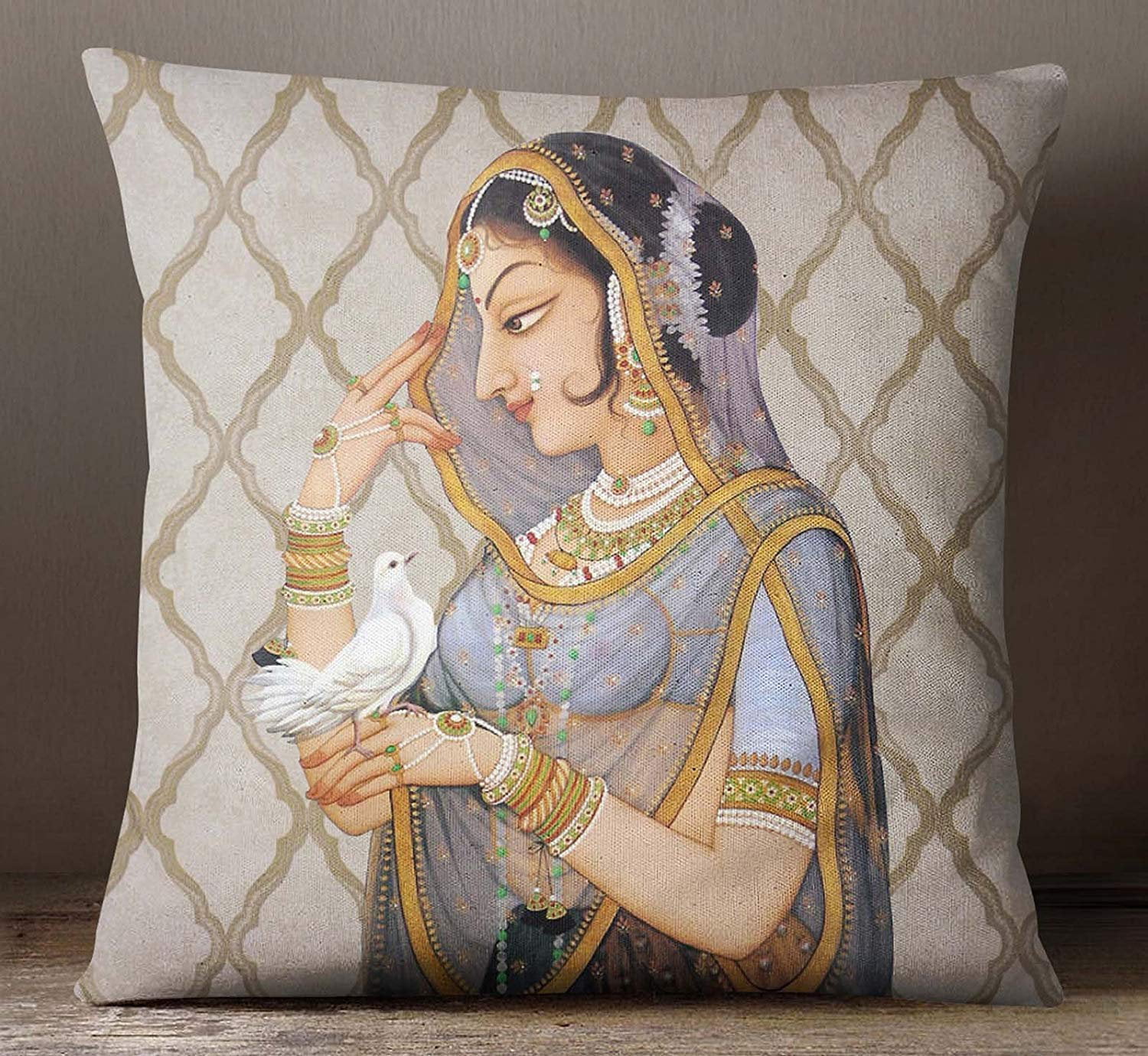 S4Sassy Square Sofa Cushion Cover Mughal Queen Print  Multicolor Decorative 