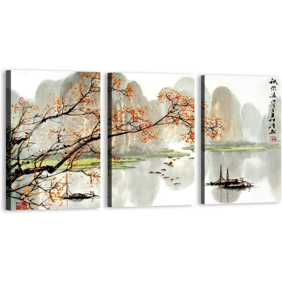 Japanese Scenery Art Floral Print Ink Painting Boat Bird Canvas Posters Asian Decor Japanese Wall Art for Living Room Bedroom Decoration