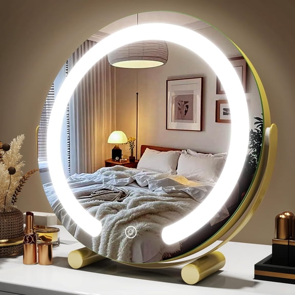 18" Round Lighted Makeup Mirror with 360° Rotation & Dimmable LED Lights for Vanity