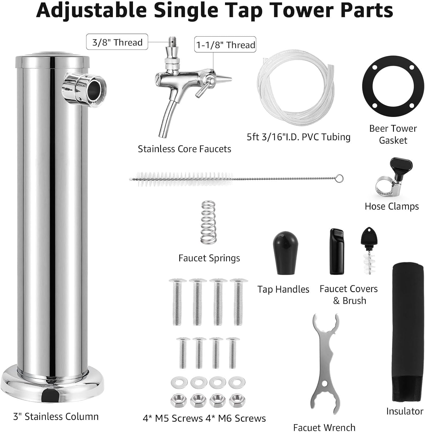 Adjustable Single Tap Tower Kegerator Tower, Draft Beer Tower Keg Tower with Kegerator Parts, Stainless Steel Core Pre-assembled Beer Line Beer Tower Dispenser for Homebrew