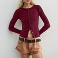 thumbnail image 2 of Aocisk Button Front Cardigan for Women Solid Color Slim Fit Long Sleeved Jacket Round Neck Knitted Ribbed Top Wine M, 2 of 9