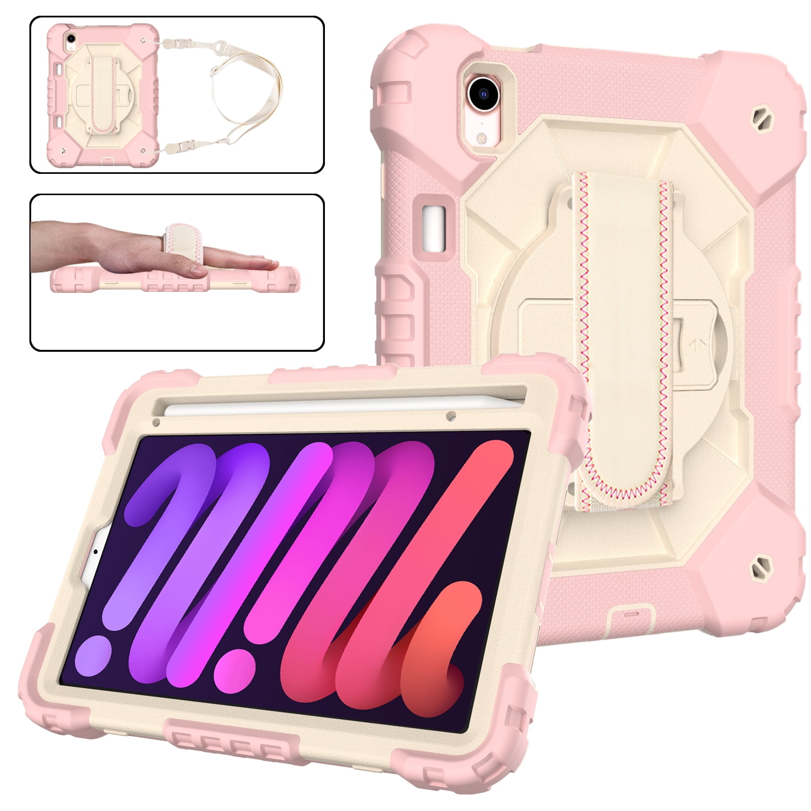 Case for iPad Mini 6 2021 8.3-inch, Kids Shockproof Rugged Hybrid 360 Rotating Stand Cover with Hand Shoulder Strap/Pencil Holder