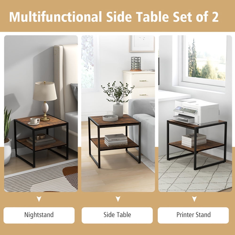 Finihen Coffee Table, Industrial Coffee Table, 2 Pieces Industrial 2-Tier Side Table Set with Open Shelf, for Living Room, Reception Room, Rustic Brown Finihen Coffee Table, Industrial Coffee Table, 2 Pieces Industrial 2-Tier Side Table Set with Open Shelf, for Living Room, Reception Room, Rustic Brown