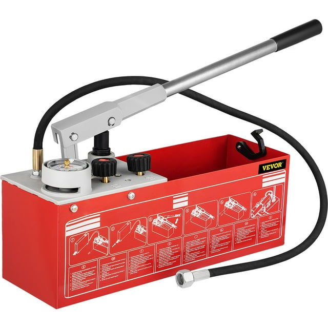 VEVOR Hydrostatic Pressure Test Pump with a 3.2-gallon red steel tank, dual valve system, and a two-unit pressure gauge for testing up to 25 bar/2.5 MPa. Features a rubber-grip handle, thickened test hose, and R 1/2" connection, suitable for pipeline fluid pressure testing in water pipe systems, irrigation, and heating installations.