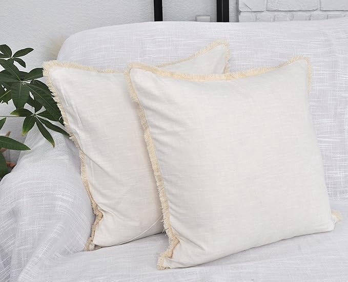 22×22 Cream White Decorative Fringe Organic Cotton Throw Pillow Covers Boho Farmhouse Cushion Cover with Tassels Linen Like Textured Accent Pillowcases for Bed Couch Chair Sofa Living Room Set of 2