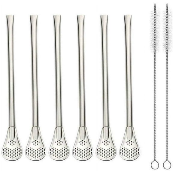 Reusable Stainless Steel Drinking Straws with Filter Spoon 6 Pieces Yerba Mate Tea Bombilla Drinking Straws with 2 Pieces Cleaning Brushes Set,14cm Long