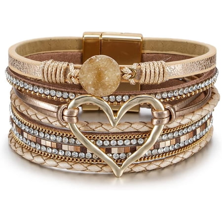 Soleilie Leopard Bracelet for Women, Boho Leather Wrap Multi-Layer Pearl Crystal Bracelet Bangle Jewelry