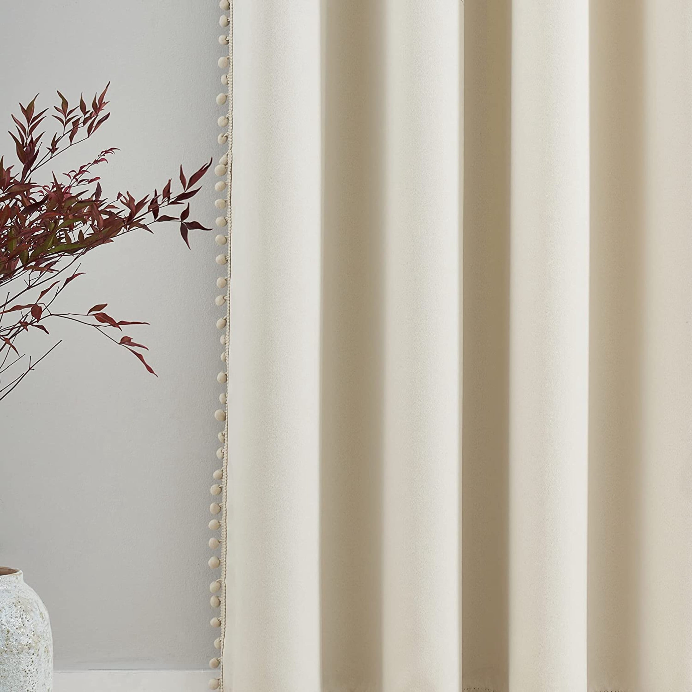 Flowpartex Pom Pom Modern Beige Grommet Blackout Curtain Panel Pairs, 52” x 84” (2 Panels)