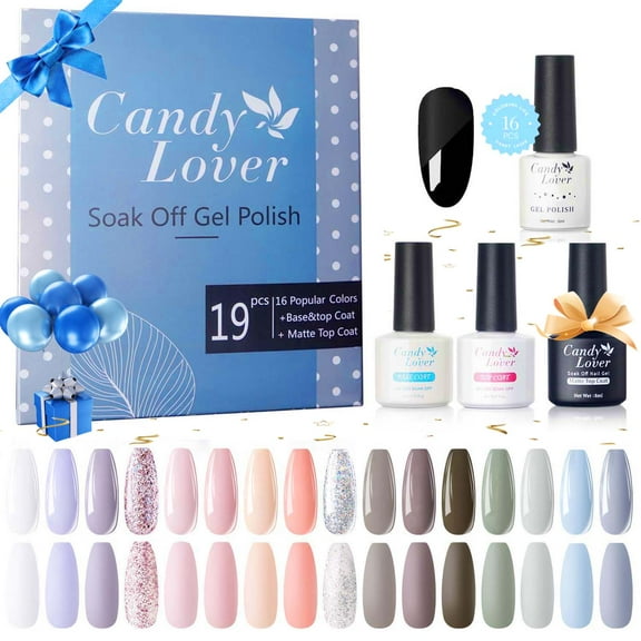 Candy Lover Gel Nail Polish Kit, Quick Dry Long-Lasting Gel Nail Kit with Top Base Coats Matte Coat, 16 Colors Enchanting Gel Polish Set Gift for Women at Home Salon Nail Art