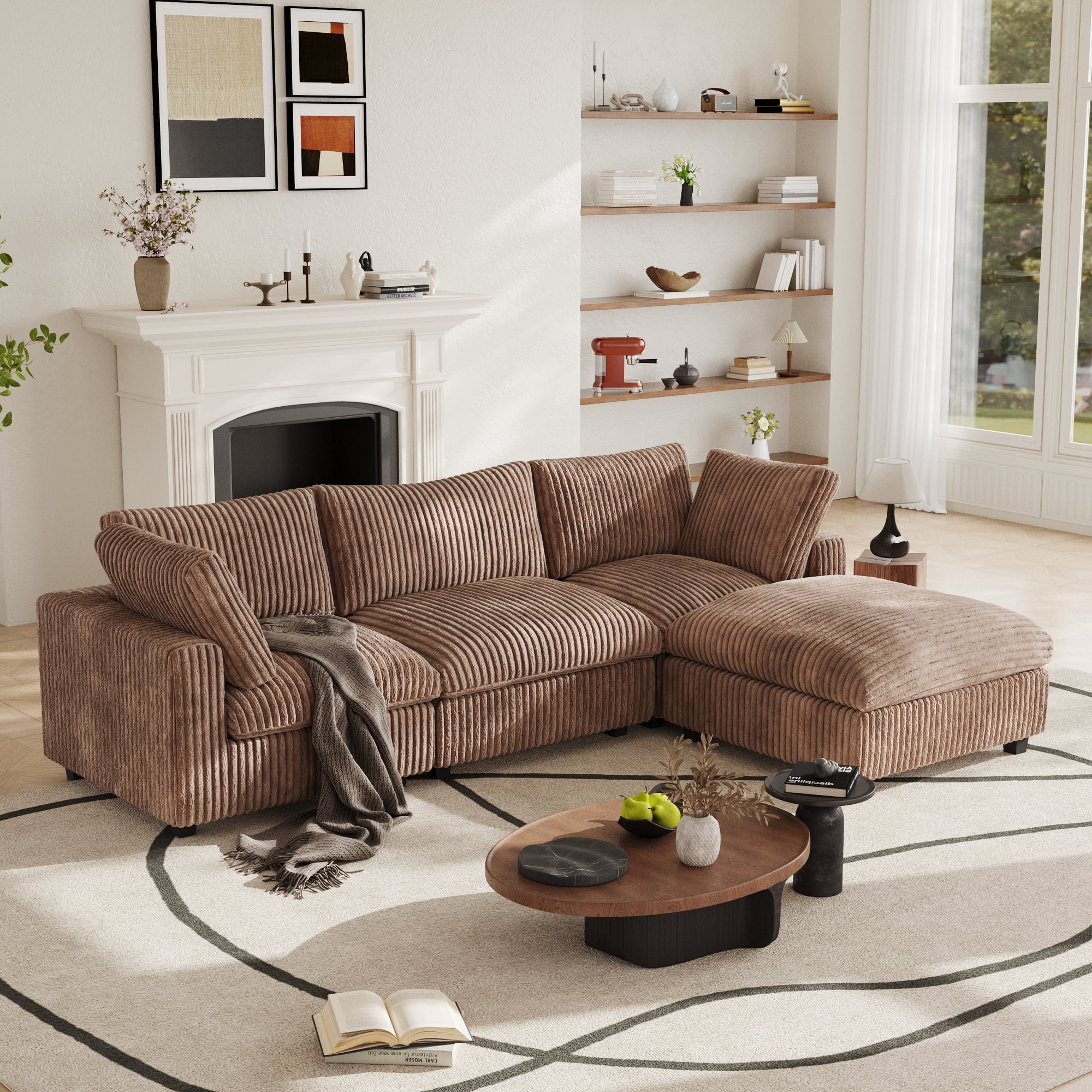 The Magic Home Modular Sectional Sofa,118.11" Oversized L Shaped Sofa with Ottoman,Plush Deep Seat Cloud Sofa Couch for Living Room,Apartment,Couch Cushion Covers Removable(Brown,3 Seat with Ottoman)