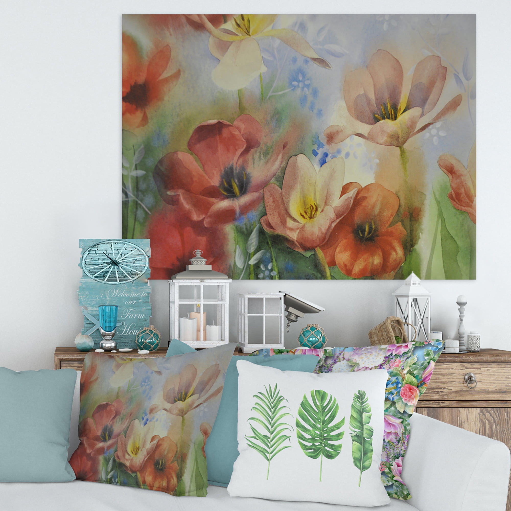 Designart ' Ancient Flowers In Dark Pastel Colours ' Traditional Canvas Wall Art Print