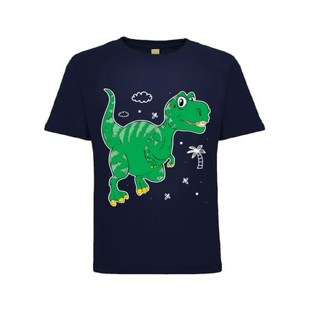 

Green Dino T-Rex with Palm Tree Humor Toddler Crew Graphic T-Shirt Navy 3T