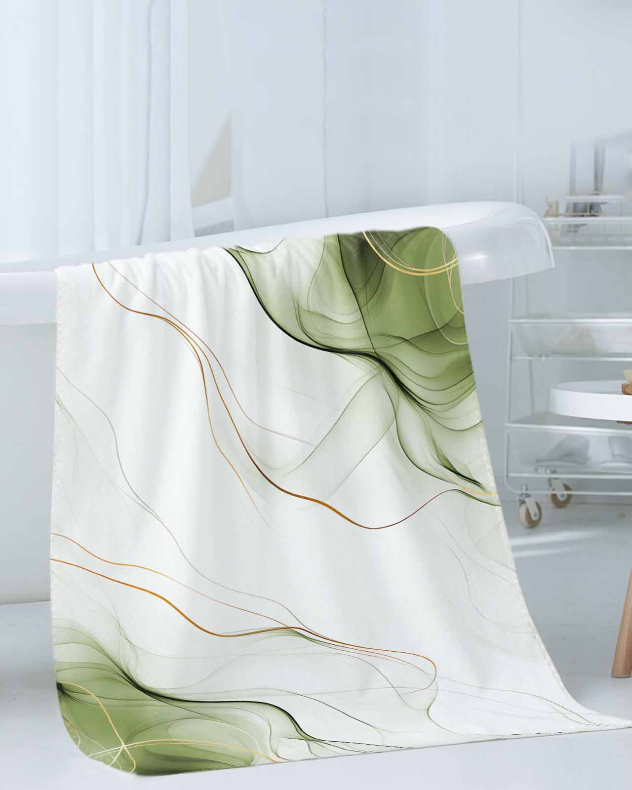 Marble Sage Green Bath Towels for Bathroom Set,Luxury Microfiber Towels Gifts for Women,Beach Kitchen Hand Hair Face Towel and Dish Washcloth,Gold White Modern Gradient Ocean Wavy Towels+Set