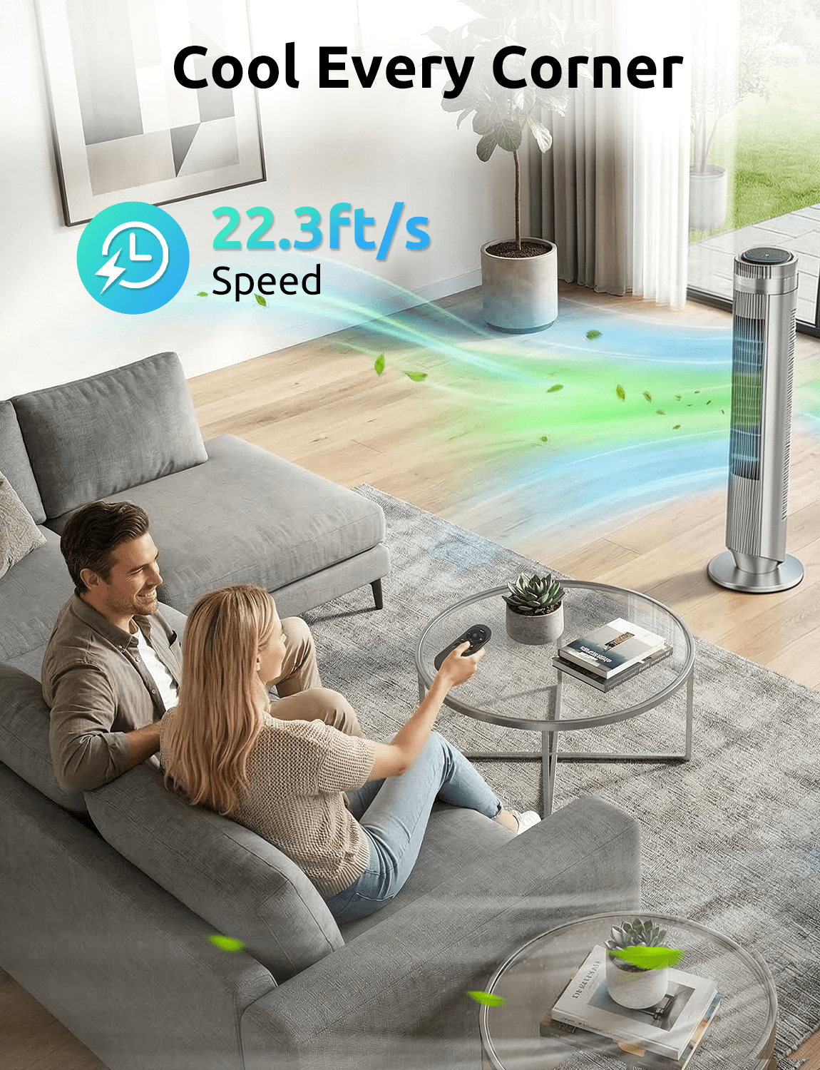 35" Bladeless Tower Fan - Ultra-Quiet 28dB for Bedroom Sleep 25 ft/s High Velocity Cooling w/ Remote 64° Wide Oscillation, 12H Timer, 5 Speeds, 4 Modes LED Display Standing Floor Fan - Silver