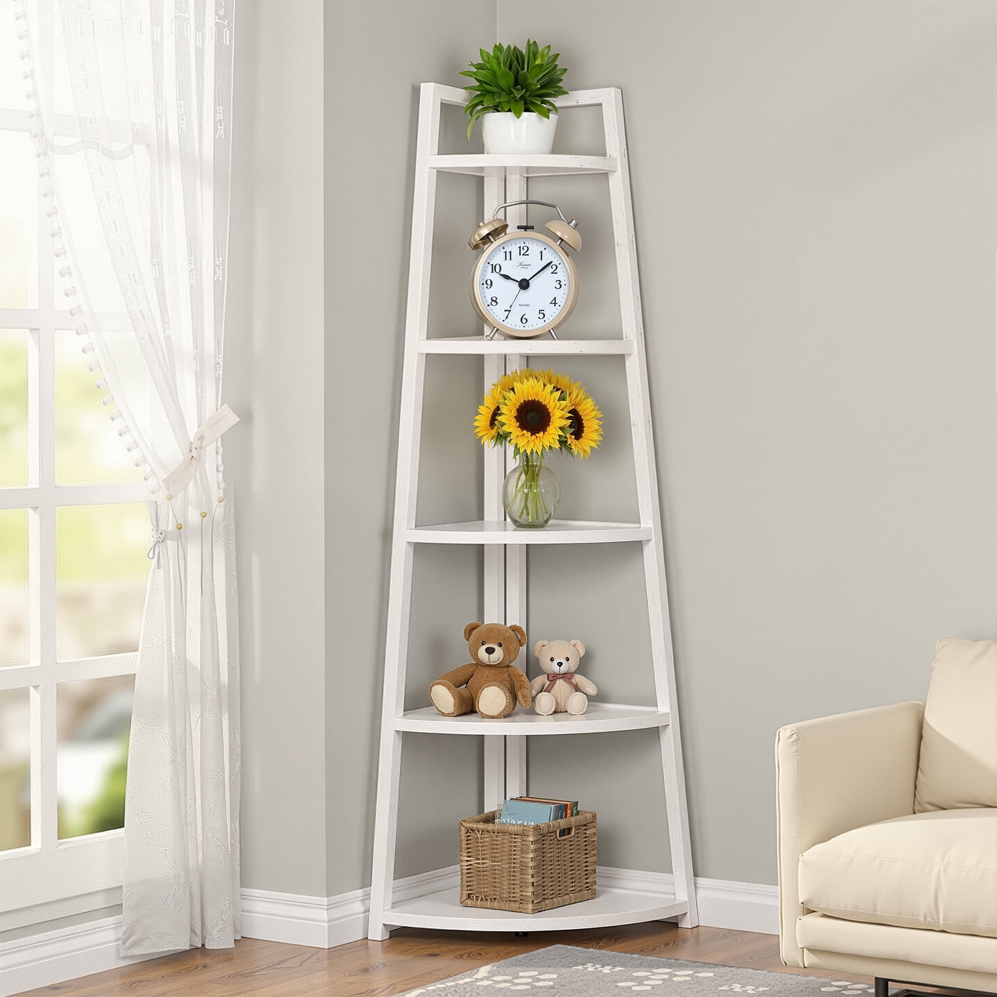 MAYEERTY Space-Saving 5-Tier Corner Ladder Bookcase, 70" Tall Storage Organizer for All Corners of Your Home