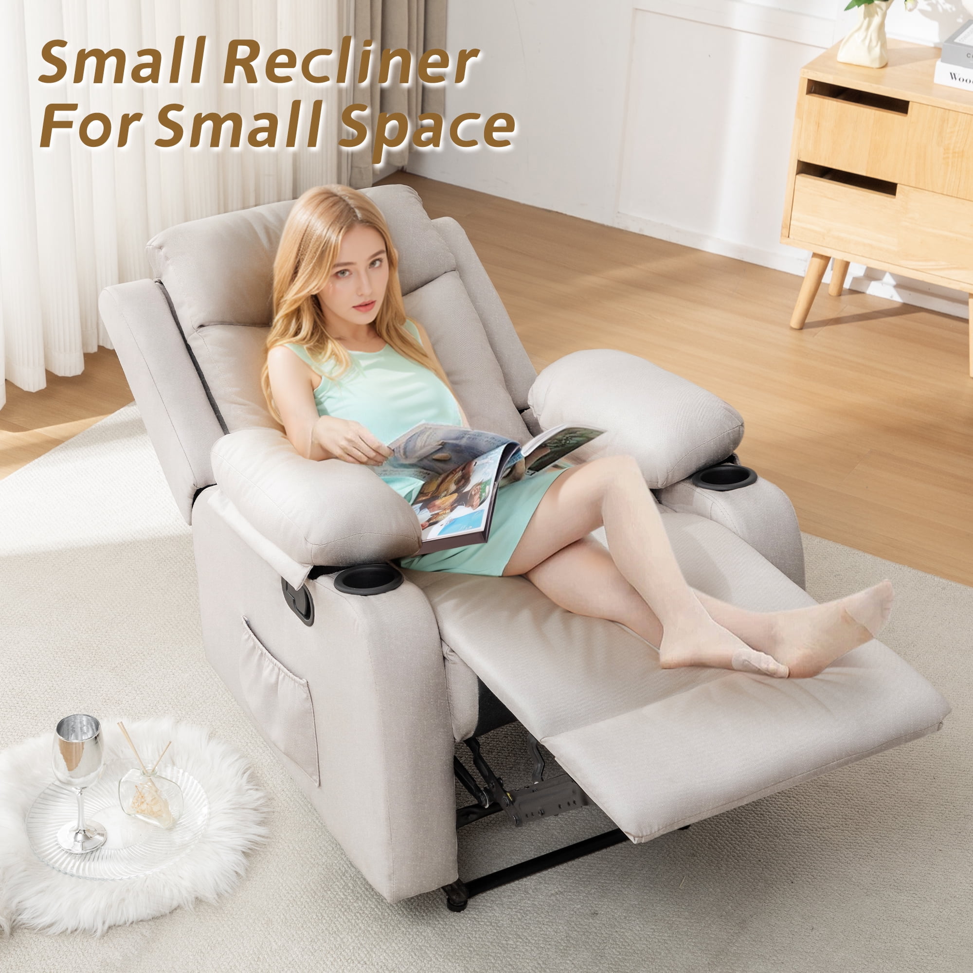 Korser Manual Small Recliner Chair with Fixed Base for Small Spaces Linen Fabric for Living Room,Beige