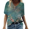 thumbnail image 3 of Fesfesfes Oversized Workout Shirts for Women's Fashion Casual Plus Size Scenic Flowers Printing V-Neck T-Shirt Tops Women Tops 4XL(US:16), 3 of 6
