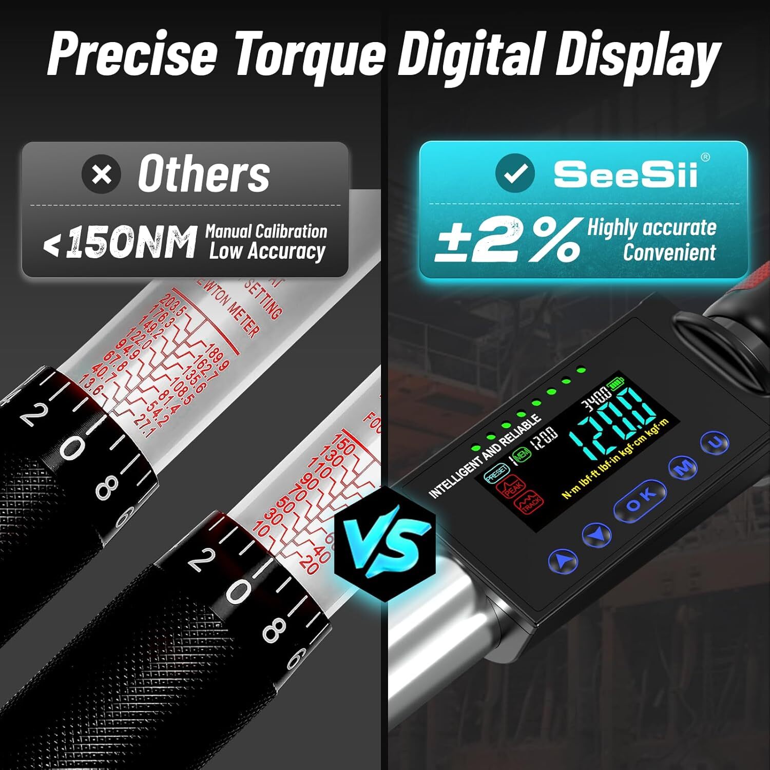 1/2" Drive LED Electric Digital Torque Wrench 12.5-250 Ft.Lb w/ Buzzer 17-340N.m