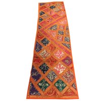 Mogul Vintage Table Tapestry Tuscan Orange Sequin Patchwork Embroidered Table Runner 90x30