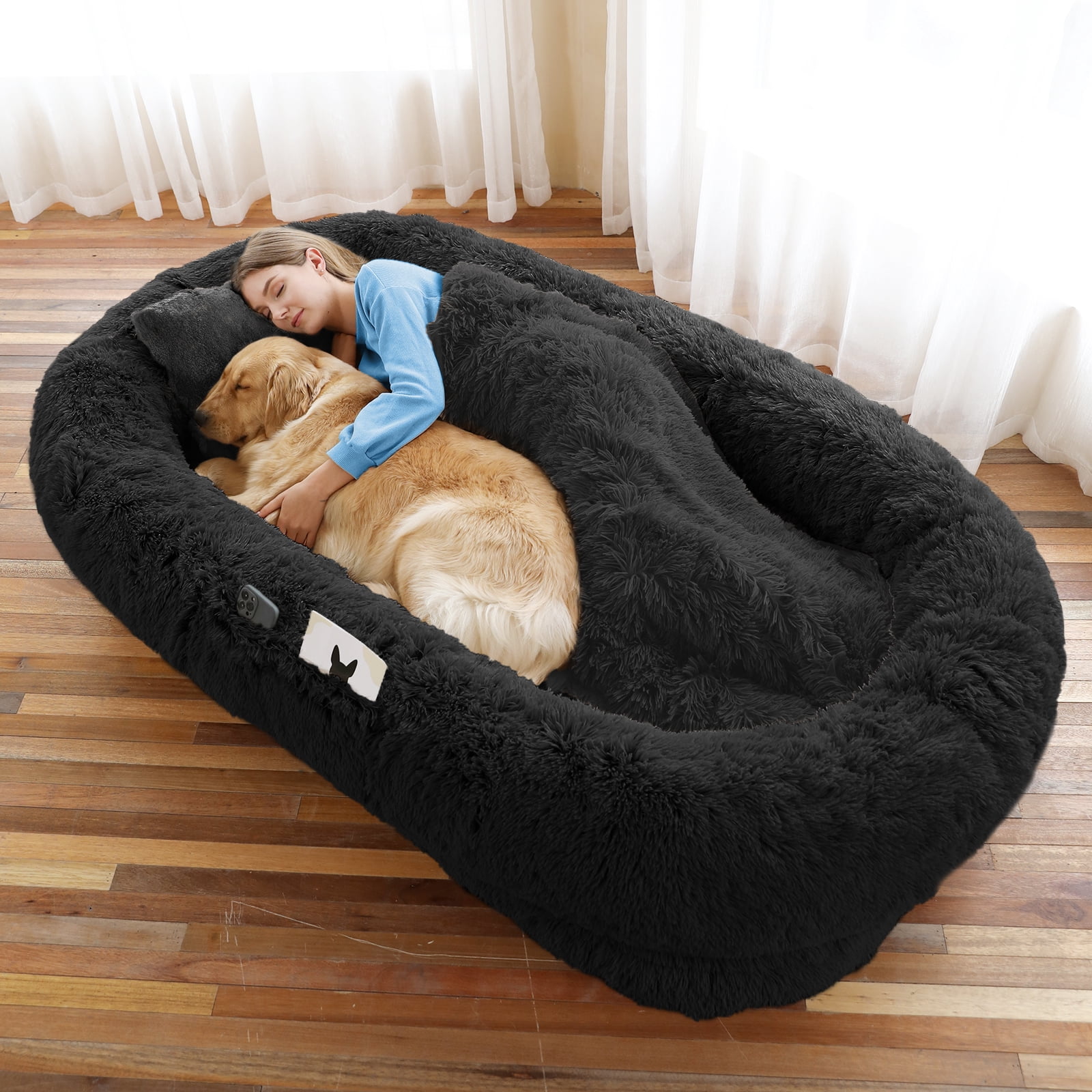 Dokdogs Oversized Human Dog Bed for Adults & Pets, 70"x44"x11" Washable Faux Fur Lounger with Orthopedic Support, Plush Pillow & Blanket Included - Black