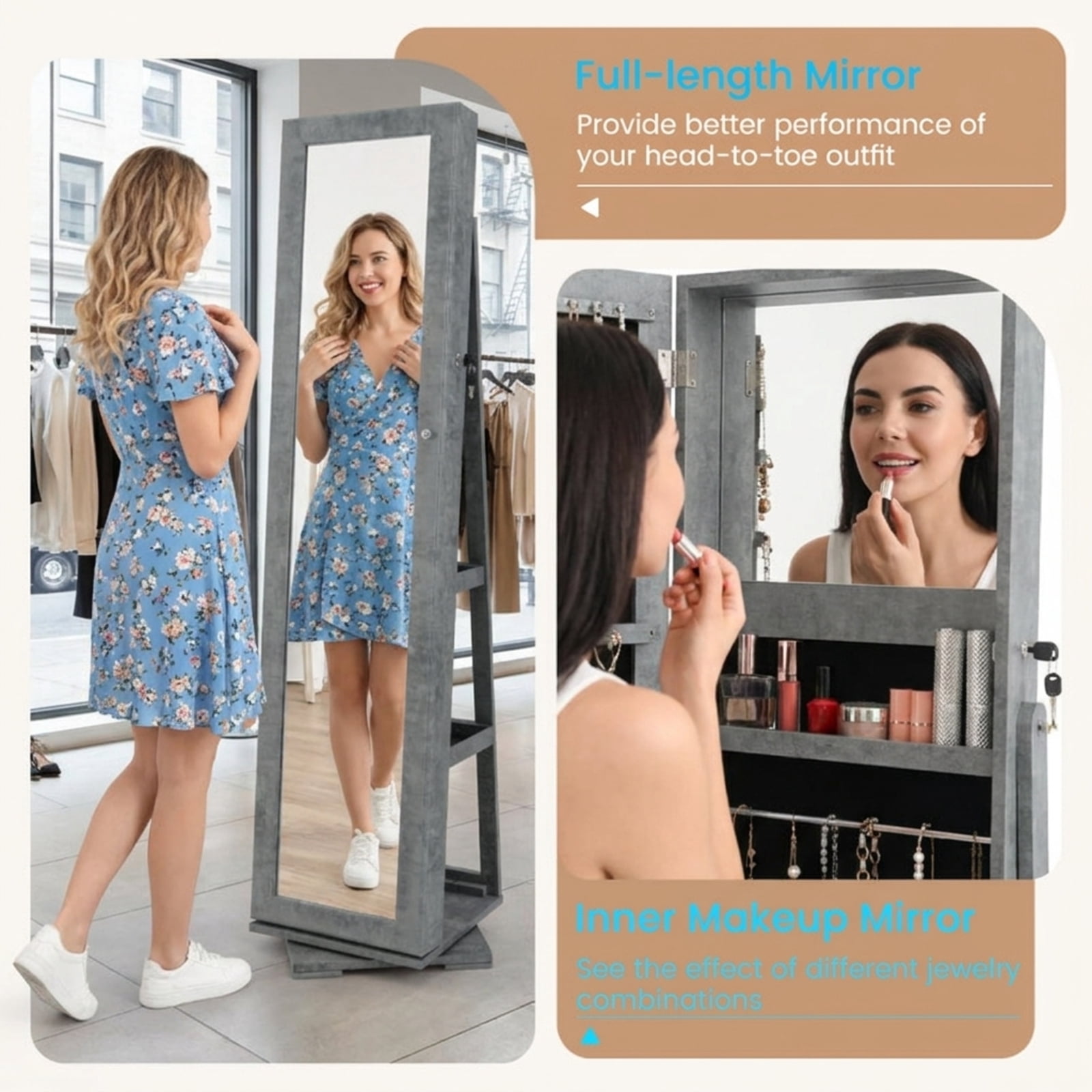 Furnibear 360° Rotatable 2-in-1 Lockable Jewelry Cabinet with Full-Length Mirror for Bedroom Dressing Room Jewelry Necklace Rings Storage, Green