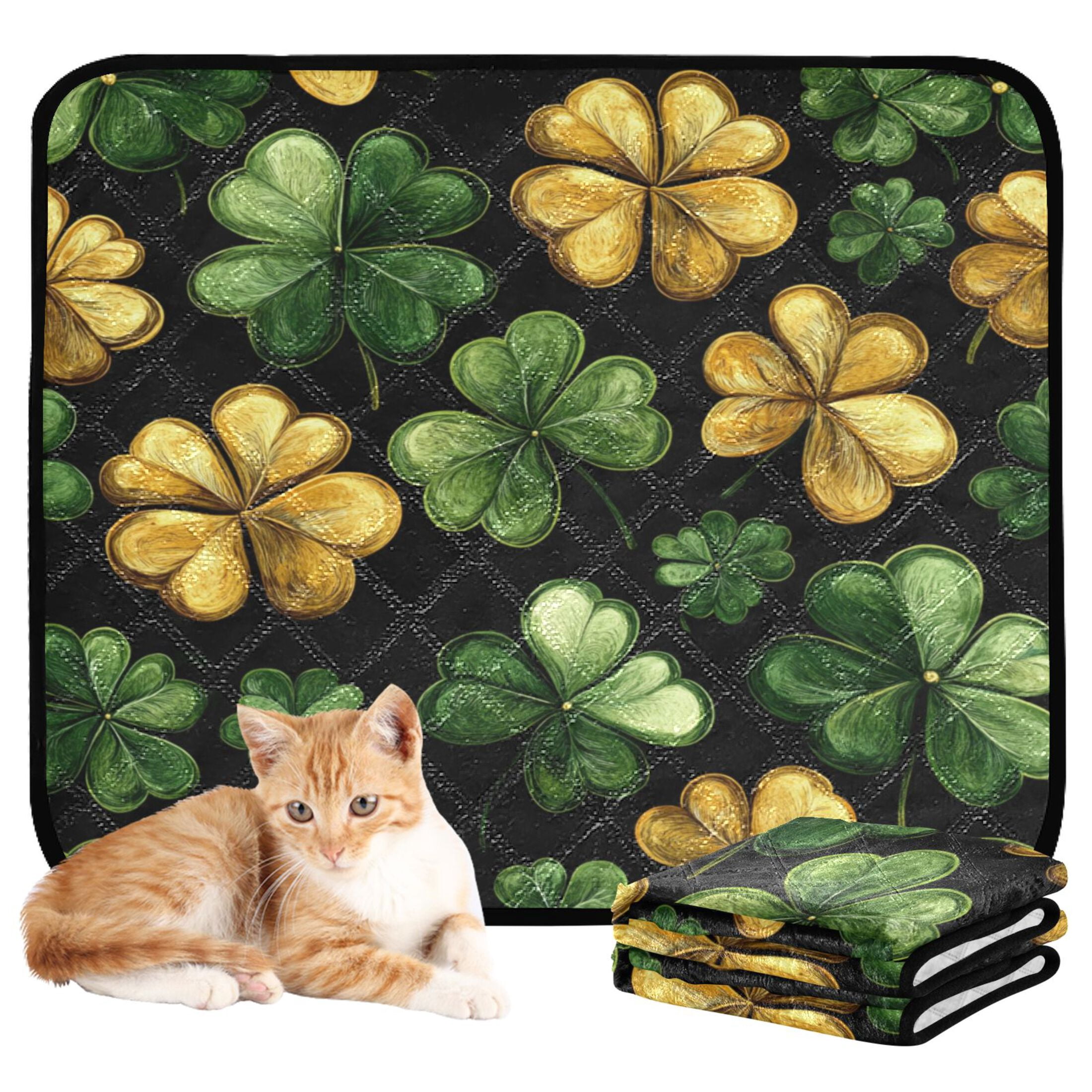 Qxltty Stpatricks Day Four Leaves Clover Cat litter Pads Pet Set of 2 Diaper Mats Center Anti-leakage Layer Absorbent Soft and Comfortable