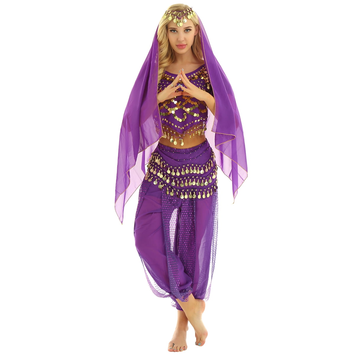 MSemis Women's Belly Dance Costume Coins Top with Lantern Pants