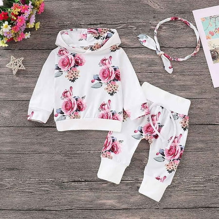 

RPVATI Newborn Infant Toddler Baby Kids Children Child Clothes Long Sleeve Floral Hooded Hoodie Headwear + Pants Set 3 Pieces Fall Winter Clothes