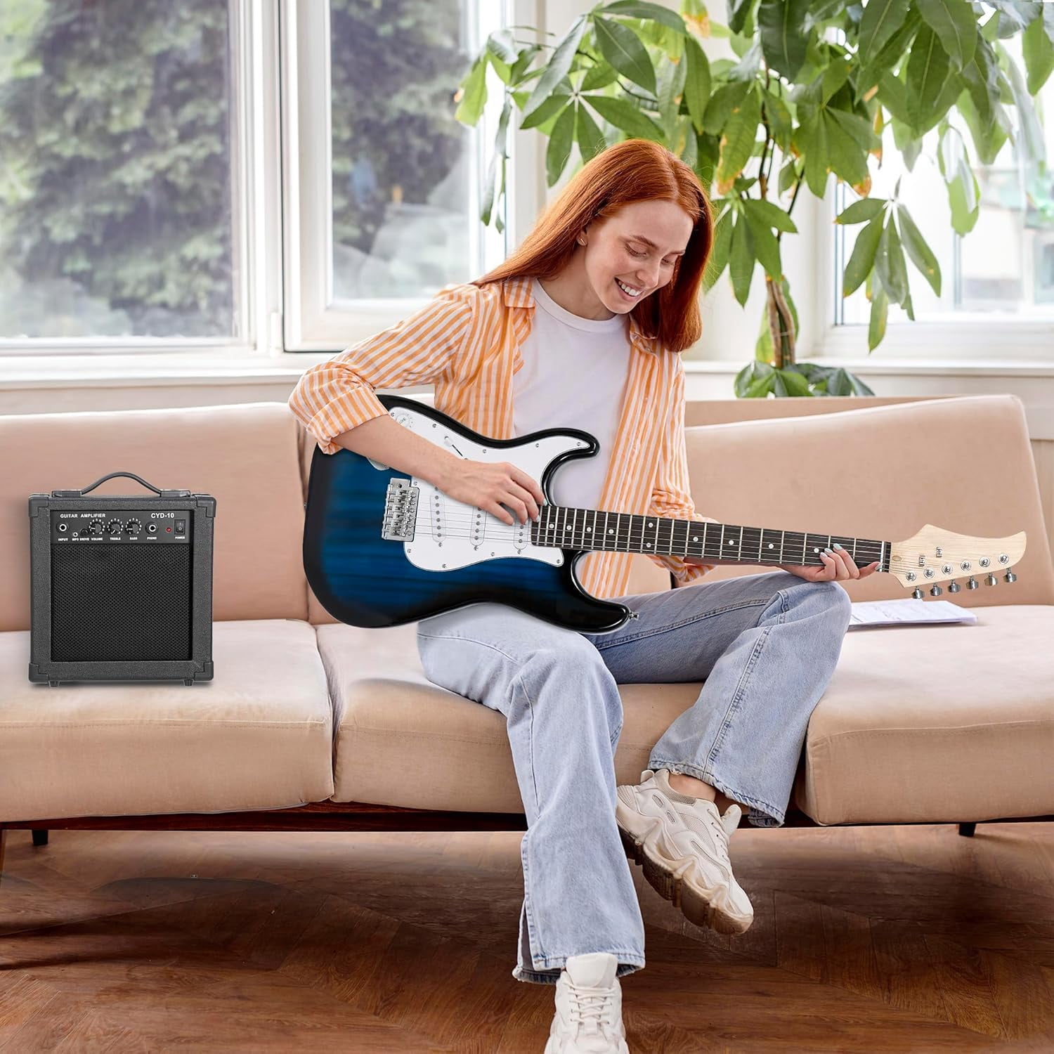 39" Electric Guitar Beginner Kit Full Size Blue Guitar with 10W Amp, Case and Accessories Pack for Starter (Blue)