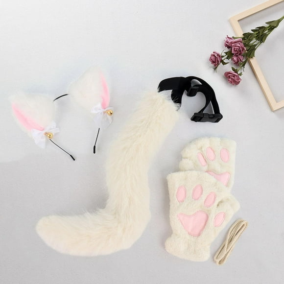 Runquan Cat Ears and Tail Set Cat Ear and Long Tail for Stage Performance Night Club Grey
