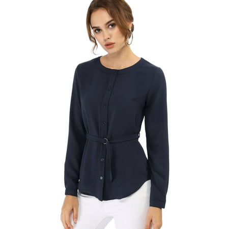 Belted Button (Unique Bargains Women's Blouses Crew Neck Long Sleeve Belted Button Down Casual Shirt (Size L / 14) Dark)