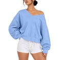 thumbnail image 4 of Mutghys Off the Shoulder Sweatshirt for Women V Neck Solid Color Long Sleeve Pullover Sweater Home Daily Shopping Loose Comfy Fall Sweatshirts S-2XL, 4 of 8